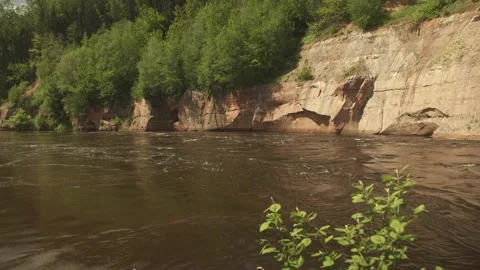 Big river in forest with cliffs at the banks in sunny summer day Stock Footage 159981357