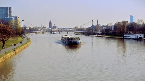 Big river ship passing trough Frankfurt am Main, Germany. Video stock 152952185