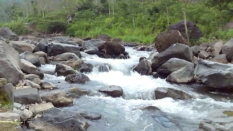 Big river stream and short waterfall on the mountain Video stock 127408433
