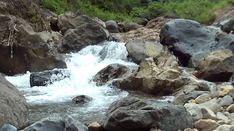 Big river stream and small waterfalls on the mountain Stock Footage 125121905