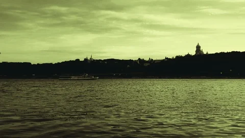 Big River In Sunset At Evening With Ship On Water On Yellow Tones Stock Footage 91221920