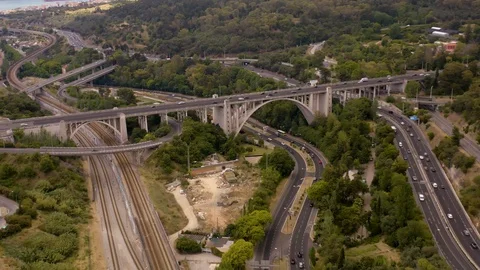 Big road interchange near Lisbon bridge, Portugal, Europe, 4k aerial drone view Stock Footage 111870677