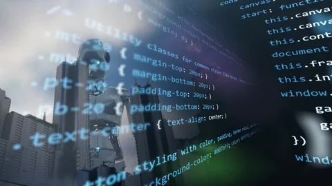 Big robot look at the city with programming code overlay. Modern digital  Stock Footage 280439862