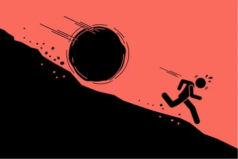 Big rock or boulder rolling down on a man from steep mountain hill slope. Vec Stock Illustration