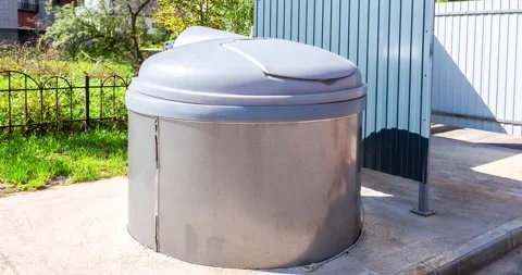 Big round garbage container for household waste at the city Stock Footage 303258299