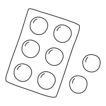 Big round tablets, lozenges or pills in blister package, doodle style vector Stock Illustration