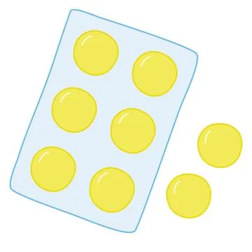 Big round yellow tablets, lozenges or pills in blister package, cold, flu or Illustrazione stock