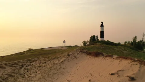 Big Sable Point Lighthouse on the shore of Lake Michigan in Ludington State Park Stock Footage 157481332