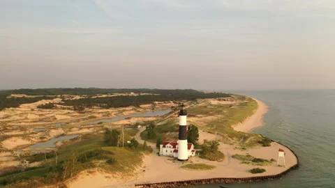 Big Sable Point Lighthouse on the shore of Lake Michigan in Ludington State Park Stock Footage 157628116