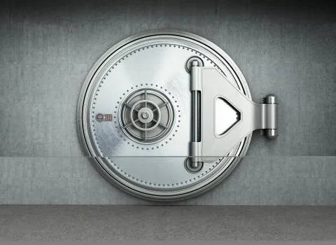 Big safe door background High resolution 3d render Illustrazione stock