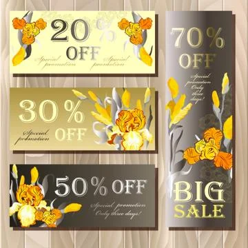 Big sale printable card template with iris flowers Stock Illustration