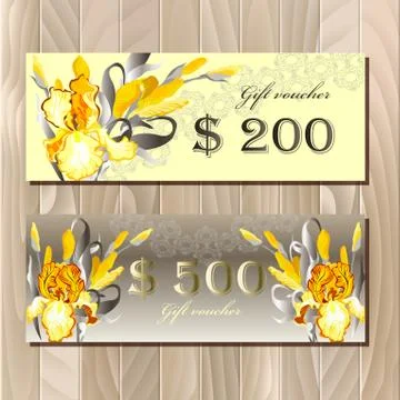Big sale printable card template with iris flowers Stock Illustration