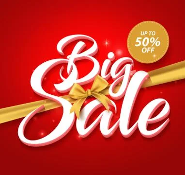 Big Sale Vector Text in a Golden Ribbon and up to 50% off Label Stock Illustration