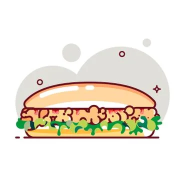 Big sandwich with tomato paste, chicken cutlet and salad. Colorful vector ill Stock-Illustration