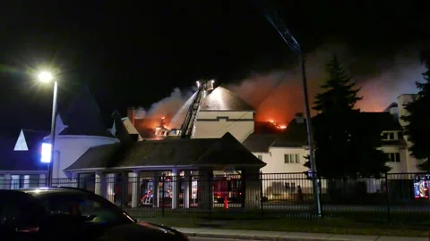 Big school fire at night Stock Footage 139657467