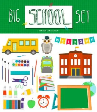 Big school set with school elements/ school bus/ school building/ chalkboar.. Illustrazione stock