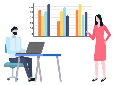 Big Screen with Statistical Data, Man and Woman Illustrazione stock