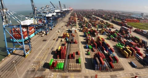 Big seaport, harbor large cargo containers. Load freight sea port. Aerial view. 動画素材 321131577