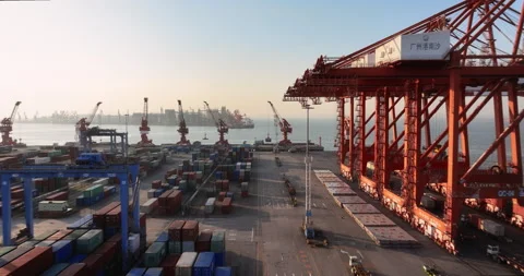 Big seaport, harbor large cargo containers. Load freight sea port. Aerial view. Stock Footage 321371993