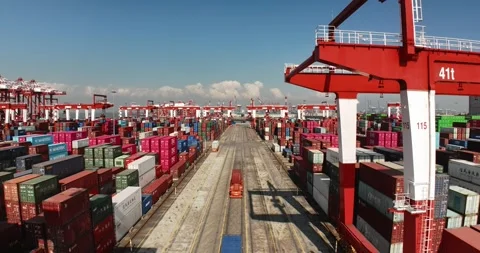 Big seaport, harbor large cargo containers. Load freight sea port. Aerial view. Stock Footage 321763718