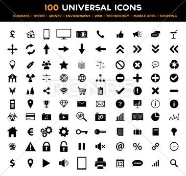 Big set of 100 universal black flat icons ~ Clip Art #41346615