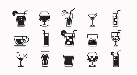 Big set of 15 drink and beverage vector icons. Stock Illustration