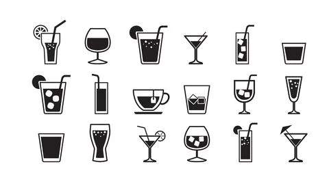 Big set of 18 drink and beverage vector icons. Stock Illustration