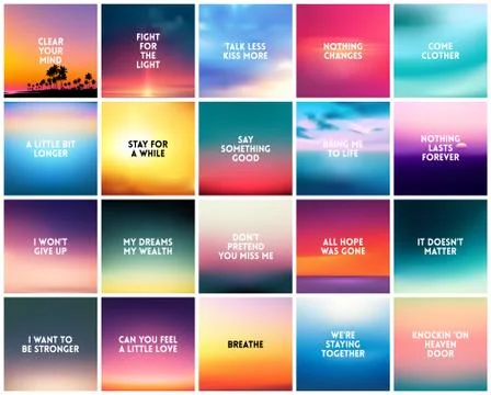 BIG set of 20 square blurred nature backgrounds. With various love quotes Stock Illustration