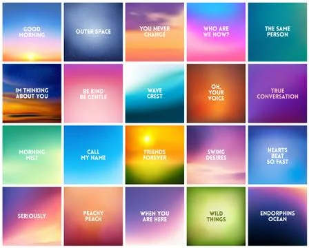 BIG set of 20 square blurred nature backgrounds. With various love quotes Stock Illustration