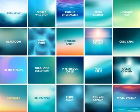 BIG set of 20 square blurred nature turquoise backgrounds. With various quotes Stock Illustration