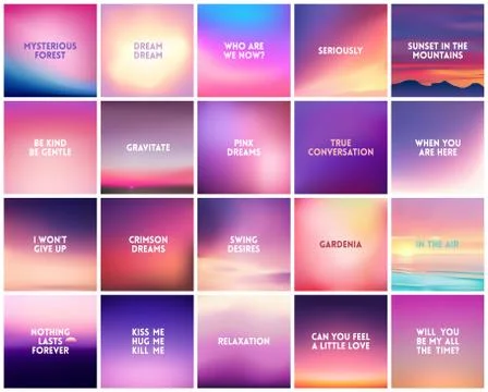 BIG set of 20 square blurred nature purple pink backgrounds. With various quotes Stock Illustration