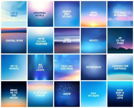 BIG set of 20 square blurred nature dark blue backgrounds. With various quotes Stock Illustration