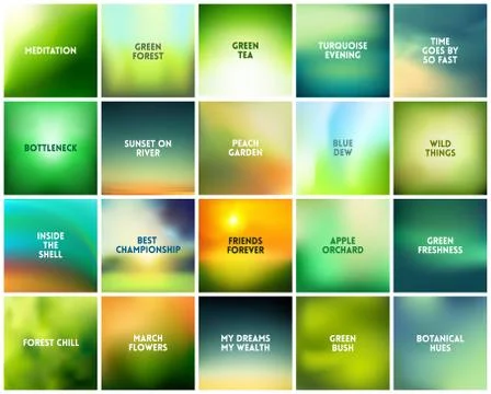 BIG set of 20 square blurred nature green backgrounds. With various quotes Stock-Illustration