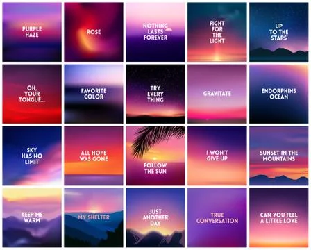 BIG set of 20 square blurred nature purple pink backgrounds. With various quotes Stock Illustration