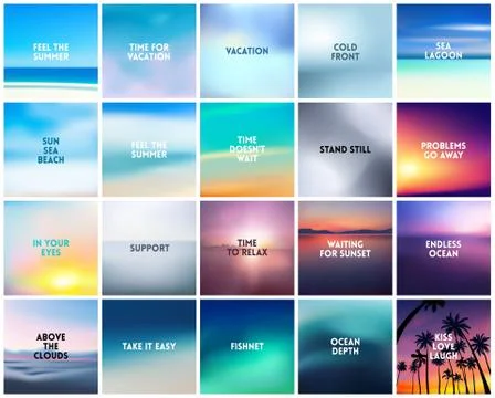 BIG set of 20 square blurred nature backgrounds. With various quotes Stock Illustration