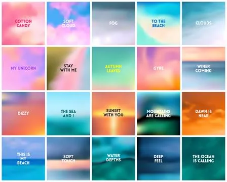 BIG set of 20 square blurred nature backgrounds. With various quotes Stock Illustration