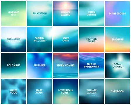 BIG set of 20 square blurred nature turquoise backgrounds. With various quotes Illustrazione stock