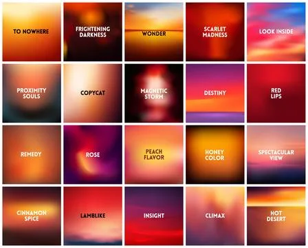 BIG set of 20 square blurred nature dark red backgrounds. With various quotes Stock Illustration