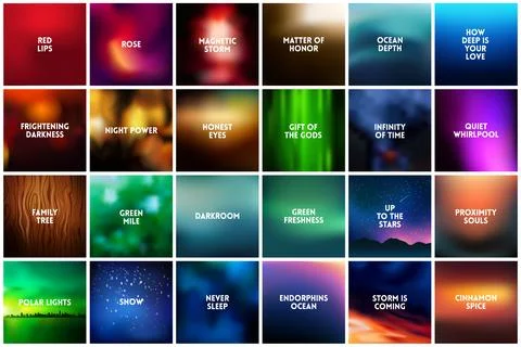 BIG set of 24 square blurred nature dark backgrounds. With various quotes Stock Illustration