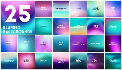 BIG set of 25 square blurred nature turquoise purple backgrounds. With various Stock Illustration