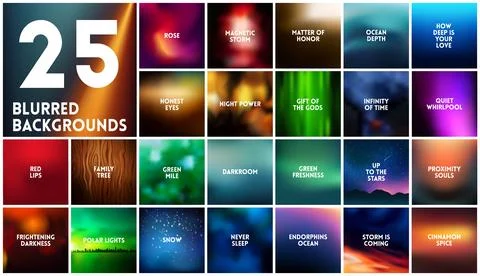 BIG set of 25 square blurred nature dark backgrounds. With various quotes Stock Illustration
