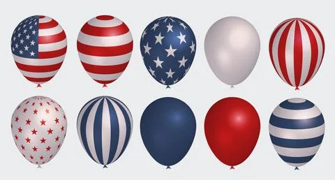 Big set of 3d balloons with USA flag ornaments. 4th of July balloon decoration Illustrazione stock