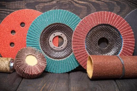 Big set of abrasive tools and multicolored sandpaper on wooden vintage black Stock Photos