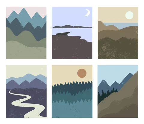 Big set of abstract minimalistic wall poster with nature landscapes, sea Stock Illustration