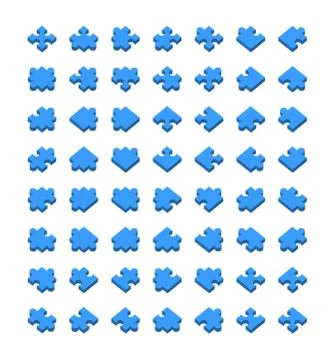 Big set of all type jigsaw pieces in different positions on white Illustrazione stock