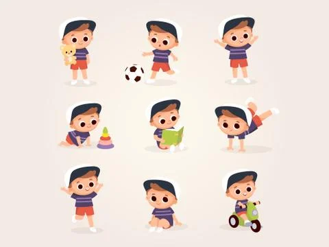 Big set of baby boy, child cartoon characters in various poses. Stock Illustration