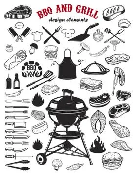 Big set of BBQ and Grill design elements. Kitchen tableware, gri Stock Illustration