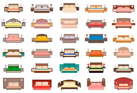 Big set of beds with bedside tables, lamps and headboards. Stock Illustration