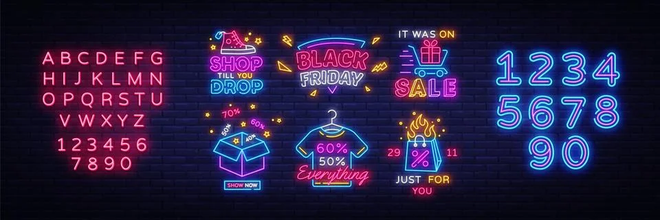Big set Black Friday Neon Signs. Black Friday Vector illustration discount sale Stock Illustration