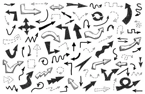 Big set of black grunge doodle hand drawn arrows isolated on white. Sketch style Stock Illustration